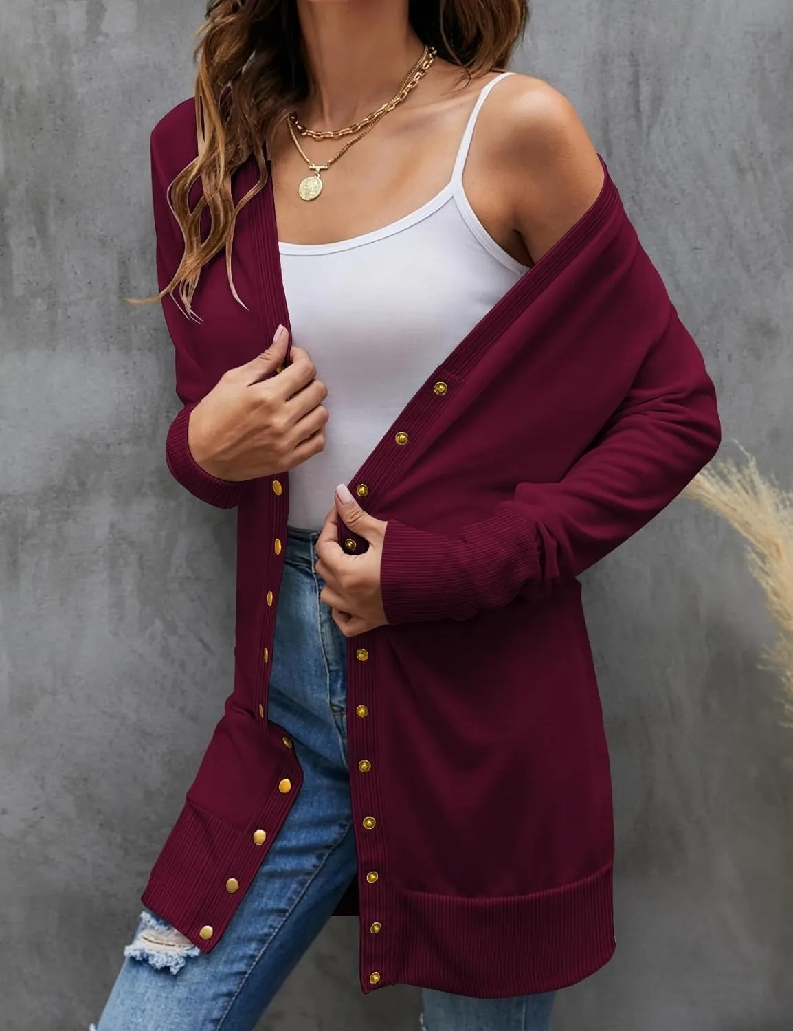 Halife Womens Long Sleeve Cardigans Lightweight Ribbed Neckline Soft Knit Cardigan Sweater with Buttons