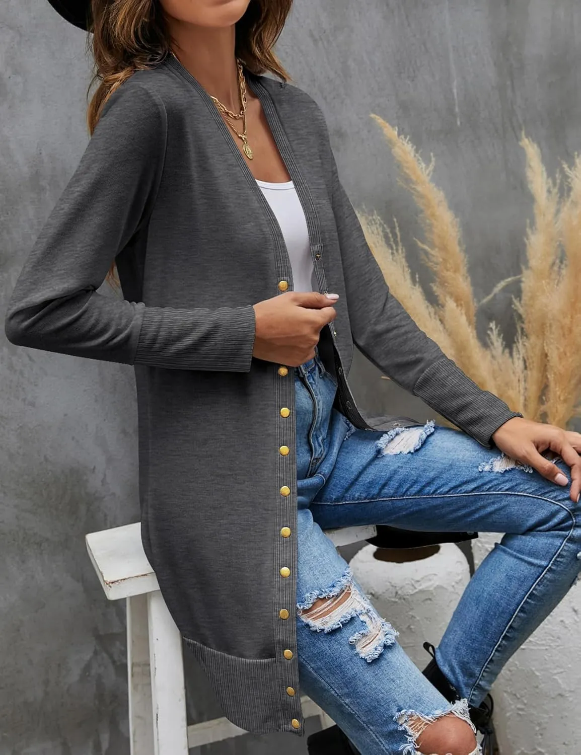 Halife Womens Long Sleeve Cardigans Lightweight Ribbed Neckline Soft Knit Cardigan Sweater with Buttons