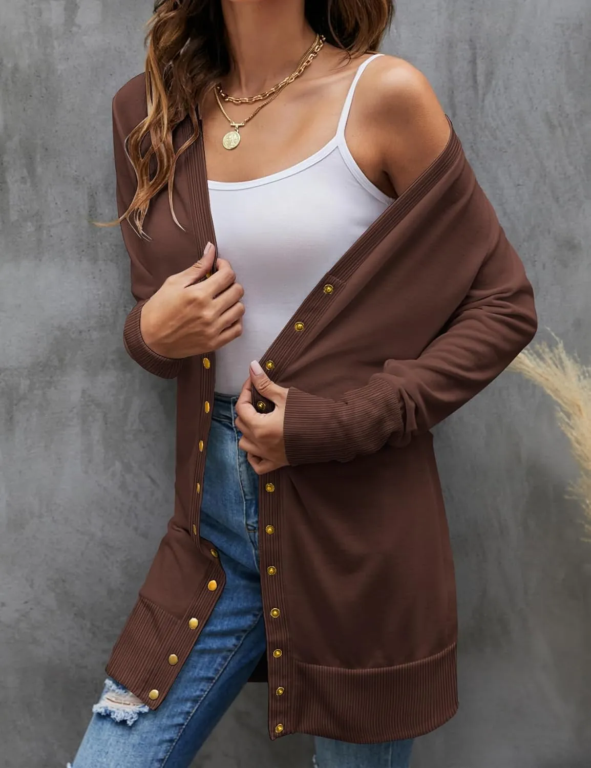 Halife Womens Long Sleeve Cardigans Lightweight Ribbed Neckline Soft Knit Cardigan Sweater with Buttons