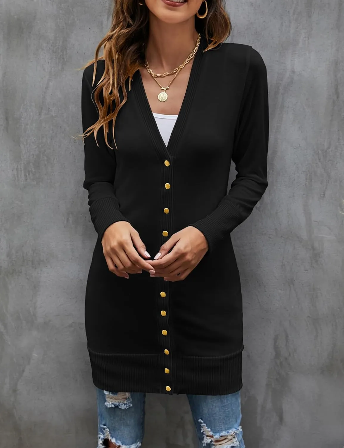 Halife Womens Long Sleeve Cardigans Lightweight Ribbed Neckline Soft Knit Cardigan Sweater with Buttons