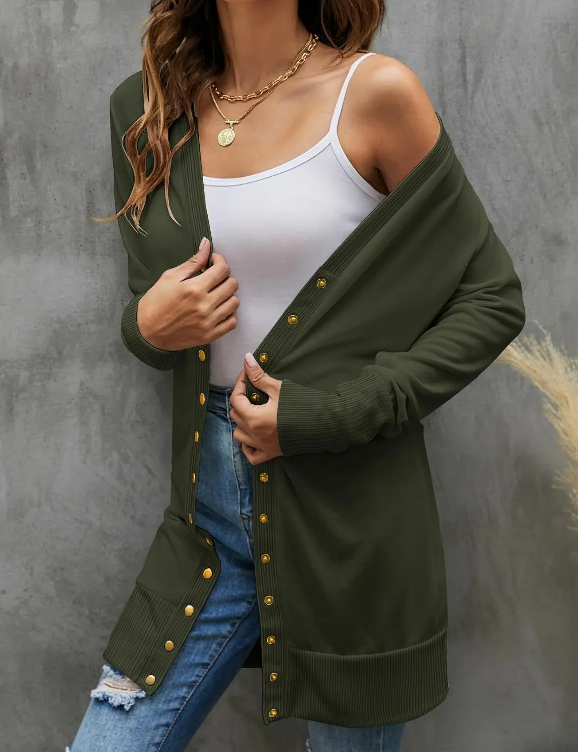 Halife Womens Long Sleeve Cardigans Lightweight Ribbed Neckline Soft Knit Cardigan Sweater with Buttons