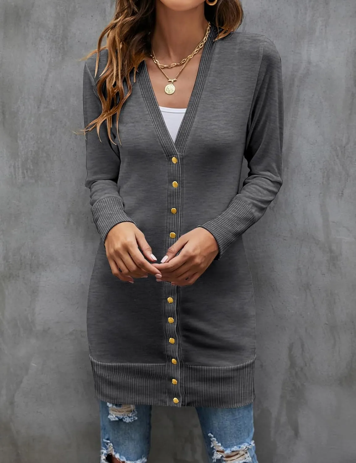Halife Womens Long Sleeve Cardigans Lightweight Ribbed Neckline Soft Knit Cardigan Sweater with Buttons