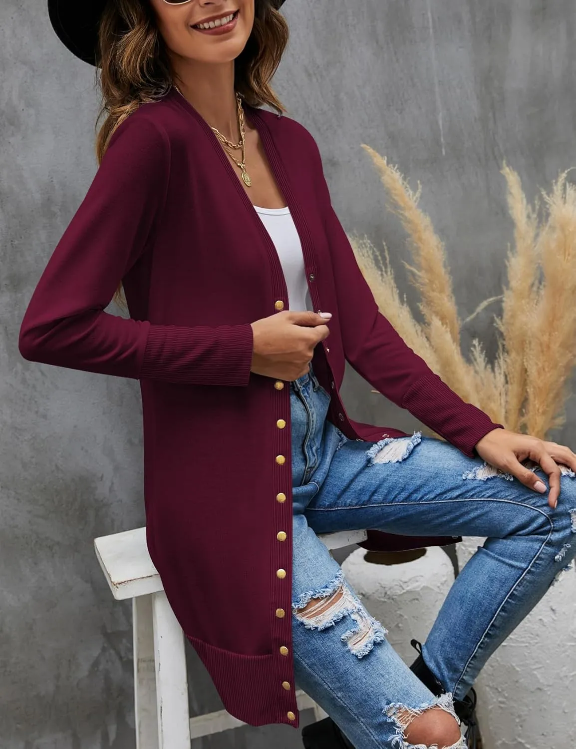 Halife Womens Long Sleeve Cardigans Lightweight Ribbed Neckline Soft Knit Cardigan Sweater with Buttons