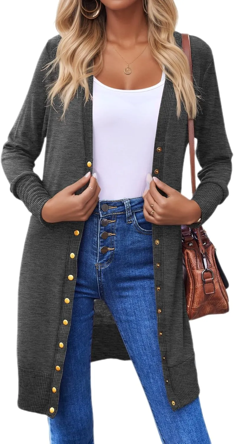 Halife Womens Long Sleeve Cardigans Lightweight Ribbed Neckline Soft Knit Cardigan Sweater with Buttons