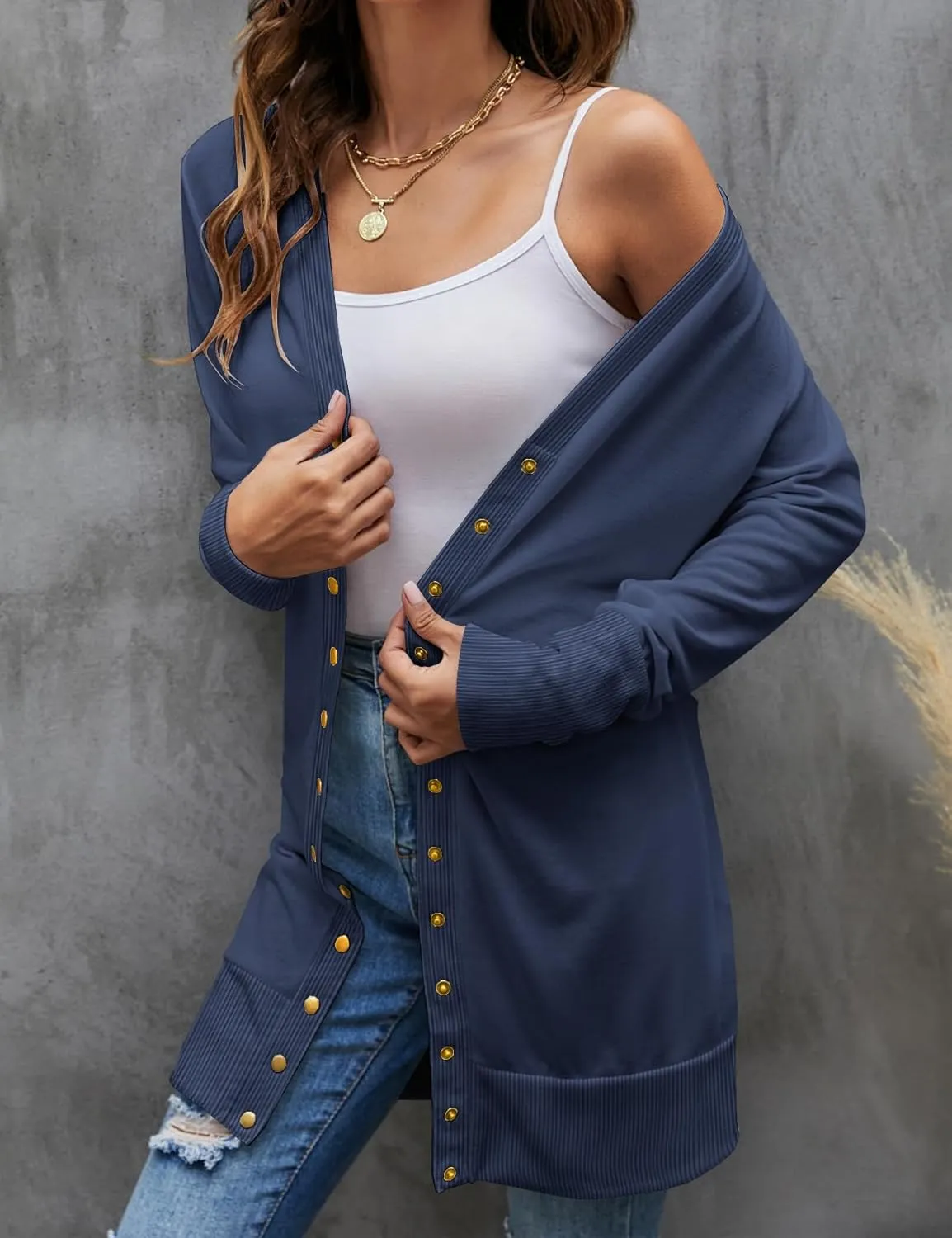 Halife Womens Long Sleeve Cardigans Lightweight Ribbed Neckline Soft Knit Cardigan Sweater with Buttons