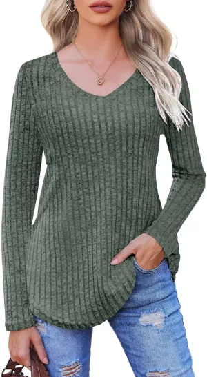 Halife Women's Long Sleeve Shirts V Neck Lightweight Fall Sweaters Casual Tunic Tops