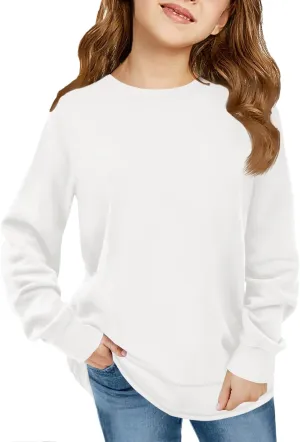 Haloumoning Girls Oversized Long Sleeve Shirts Kids Fashion Crewneck Tunic Tops Curved Hem Tees 7-14 Years