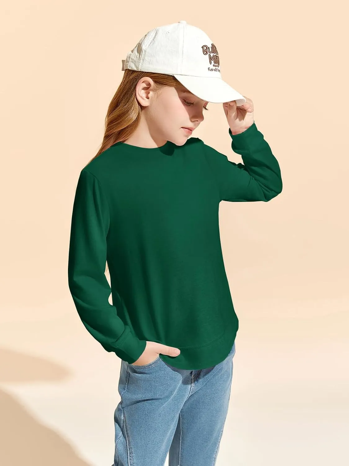 Haloumoning Girls Oversized Long Sleeve Shirts Kids Fashion Crewneck Tunic Tops Curved Hem Tees 7-14 Years