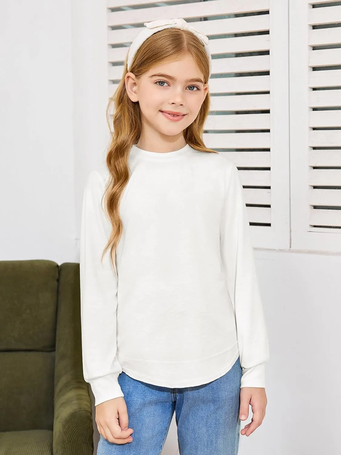 Haloumoning Girls Oversized Long Sleeve Shirts Kids Fashion Crewneck Tunic Tops Curved Hem Tees 7-14 Years