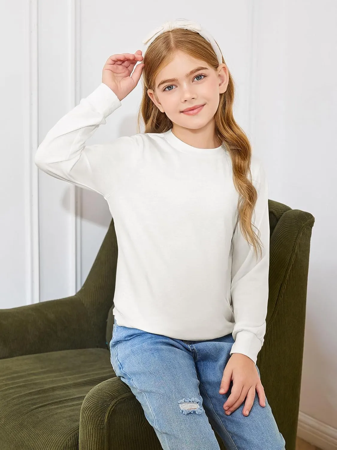 Haloumoning Girls Oversized Long Sleeve Shirts Kids Fashion Crewneck Tunic Tops Curved Hem Tees 7-14 Years