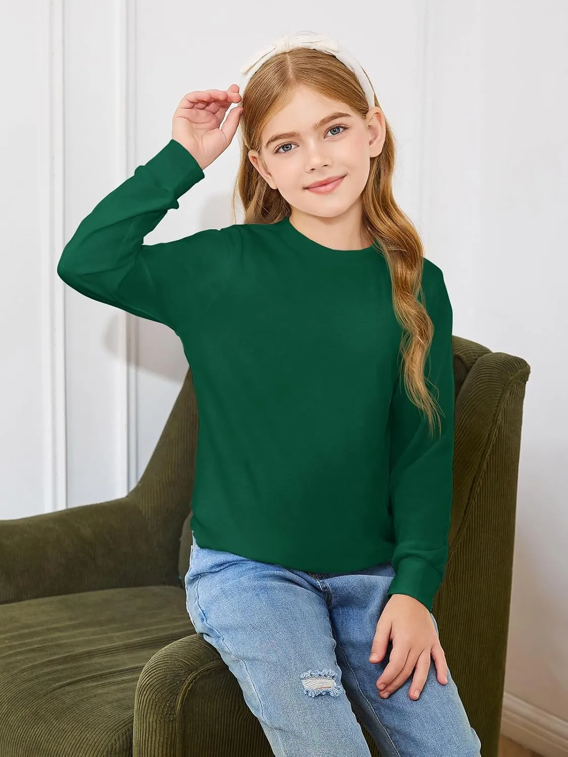 Haloumoning Girls Oversized Long Sleeve Shirts Kids Fashion Crewneck Tunic Tops Curved Hem Tees 7-14 Years