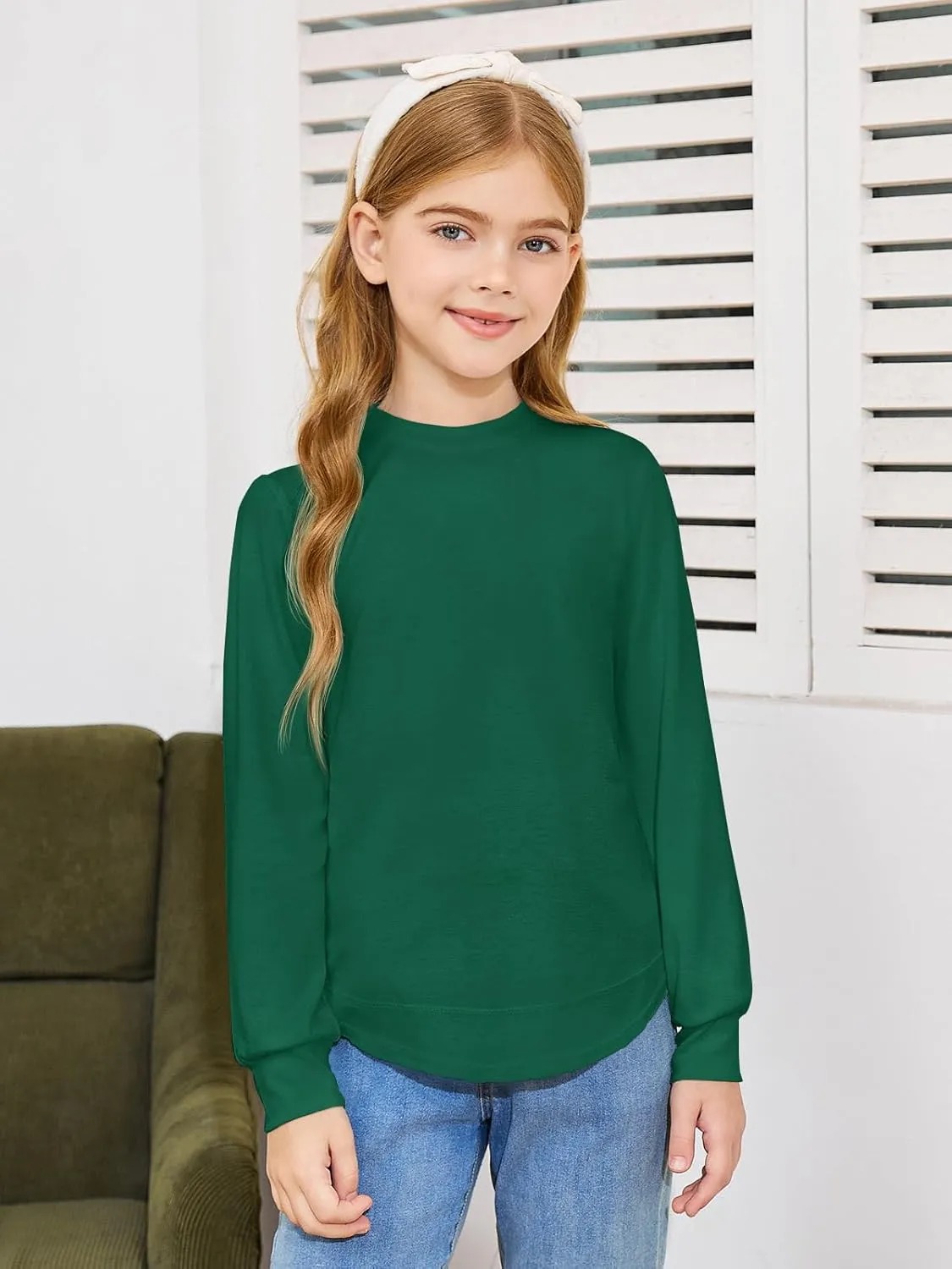 Haloumoning Girls Oversized Long Sleeve Shirts Kids Fashion Crewneck Tunic Tops Curved Hem Tees 7-14 Years