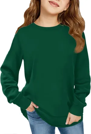 Haloumoning Girls Oversized Long Sleeve Shirts Kids Fashion Crewneck Tunic Tops Curved Hem Tees 7-14 Years