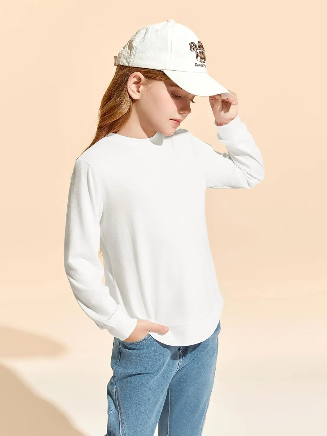 Haloumoning Girls Oversized Long Sleeve Shirts Kids Fashion Crewneck Tunic Tops Curved Hem Tees 7-14 Years