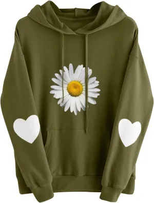 Heevina Hoodie Women Hoodies For Women Daisy Heart Flower Sunflower Printed Hooded Pockets Pullover Sweatshirts Top