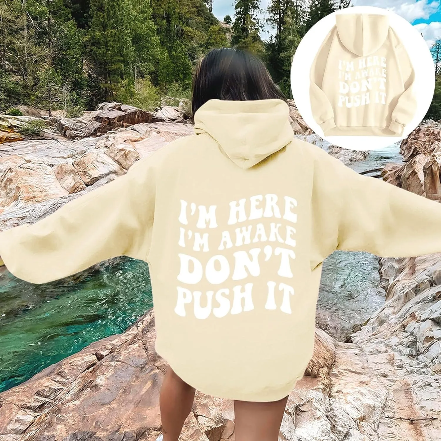 Heevina Hoodies For Women I'm Here I'm Awake Don't Push It Printed Funny Hoodie Pockets Hooded Sweatshirts 2024 Casual
