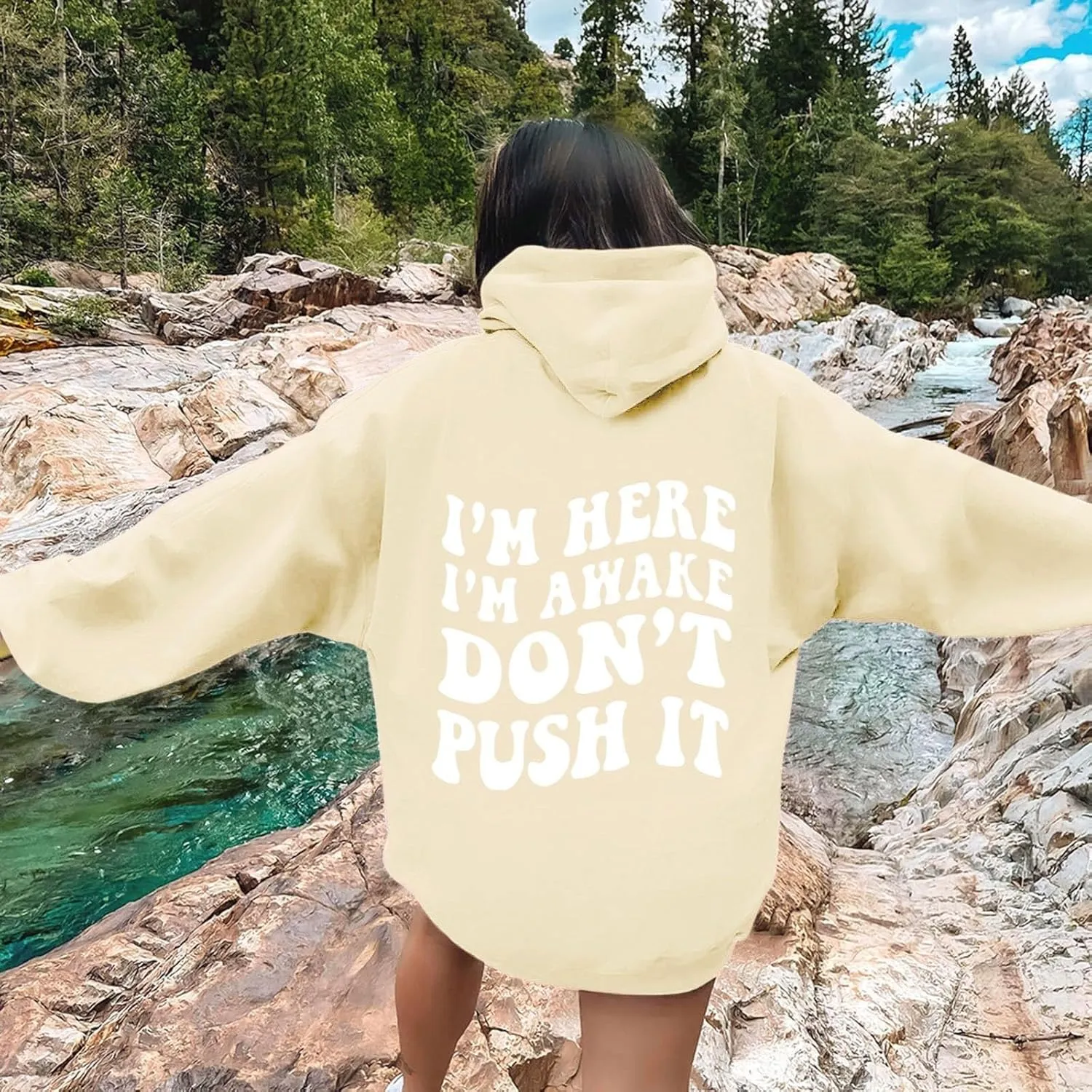 Heevina Hoodies For Women I'm Here I'm Awake Don't Push It Printed Funny Hoodie Pockets Hooded Sweatshirts 2024 Casual