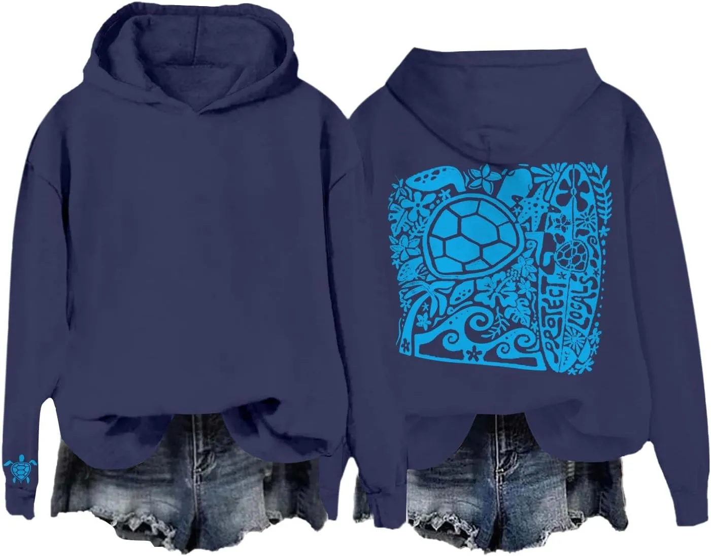 Heevina Pink Palm Puff Hoodie Women Turtle Starfish Surfboard Floral Top Hooded Sweatshirt
