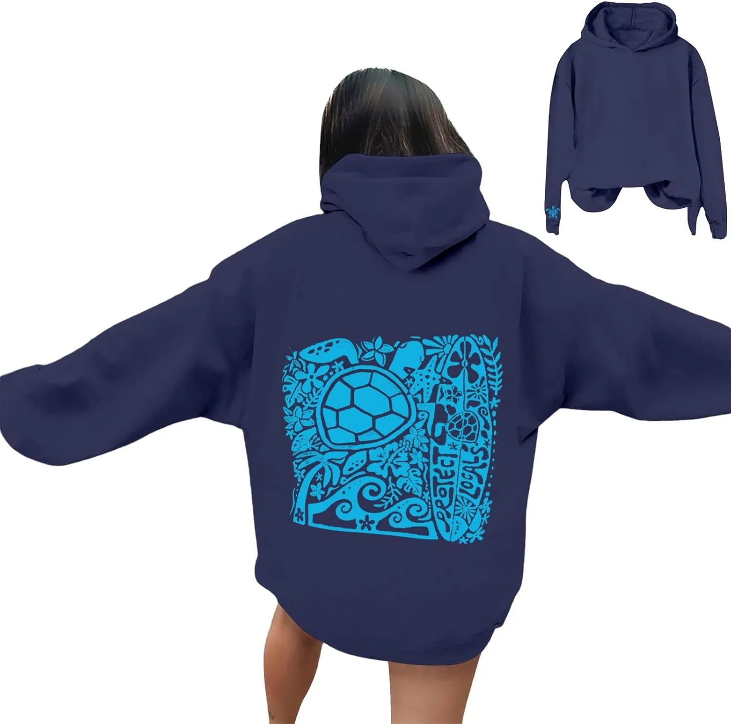 Heevina Pink Palm Puff Hoodie Women Turtle Starfish Surfboard Floral Top Hooded Sweatshirt
