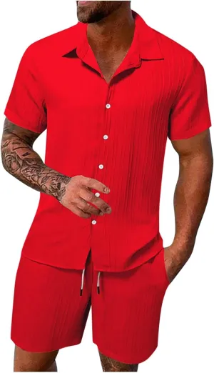 hlysgo Men's 2 Piece Linen Outfit Short Sleeve Beach Button Down Shirt with Shorts Casual Matching Sets for Men