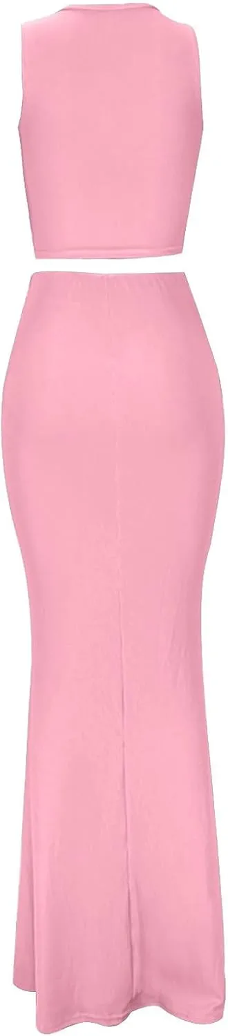 hlysgo Two Piece Outfits for Women Sexy Shirring Sleeveless Round Neck Crop Tops Drawstring Waist Maxi Skirt Lounge Set