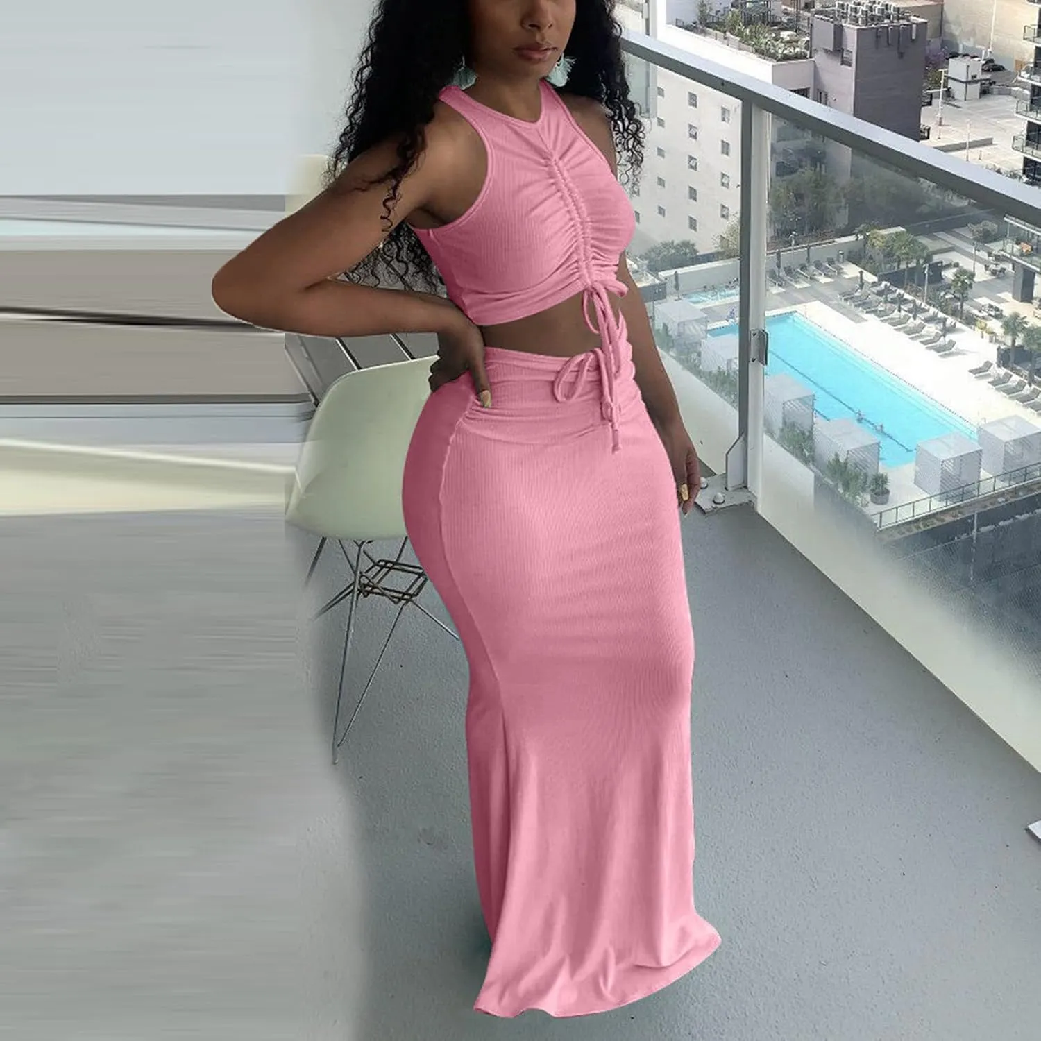hlysgo Two Piece Outfits for Women Sexy Shirring Sleeveless Round Neck Crop Tops Drawstring Waist Maxi Skirt Lounge Set