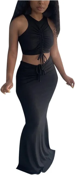 hlysgo Two Piece Outfits for Women Sexy Shirring Sleeveless Round Neck Crop Tops Drawstring Waist Maxi Skirt Lounge Set