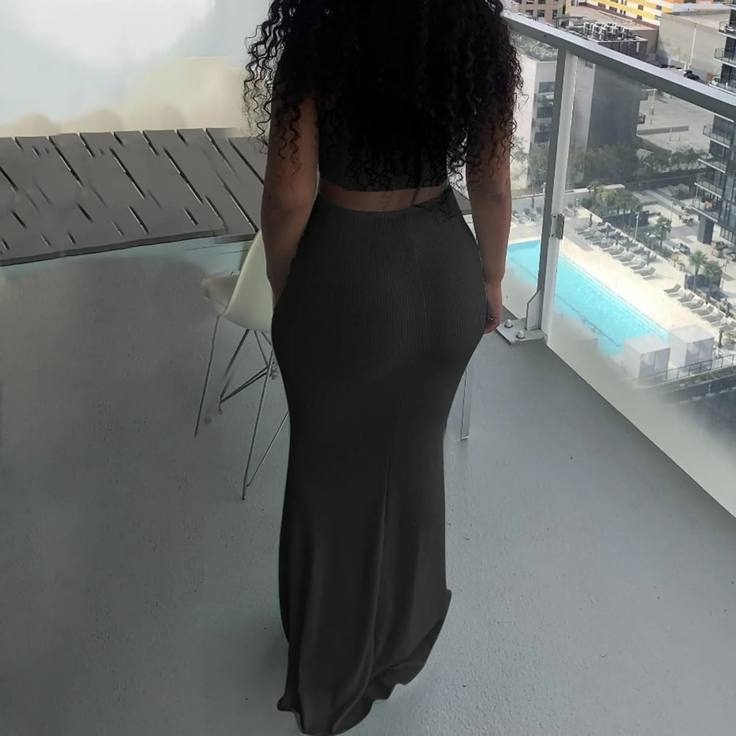 hlysgo Two Piece Outfits for Women Sexy Shirring Sleeveless Round Neck Crop Tops Drawstring Waist Maxi Skirt Lounge Set