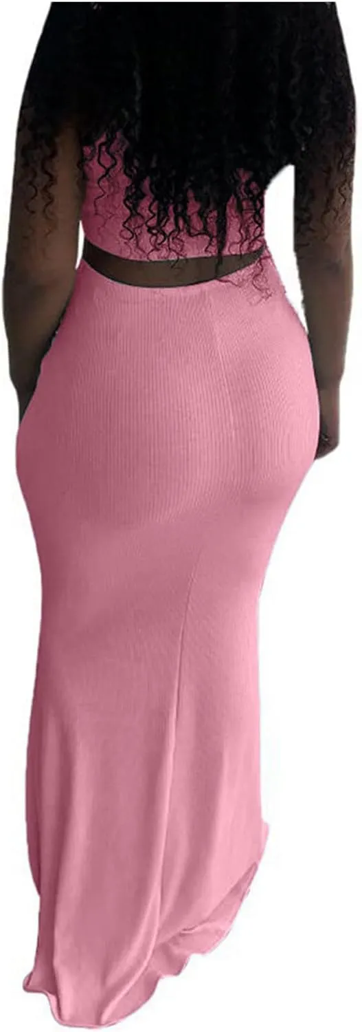 hlysgo Two Piece Outfits for Women Sexy Shirring Sleeveless Round Neck Crop Tops Drawstring Waist Maxi Skirt Lounge Set
