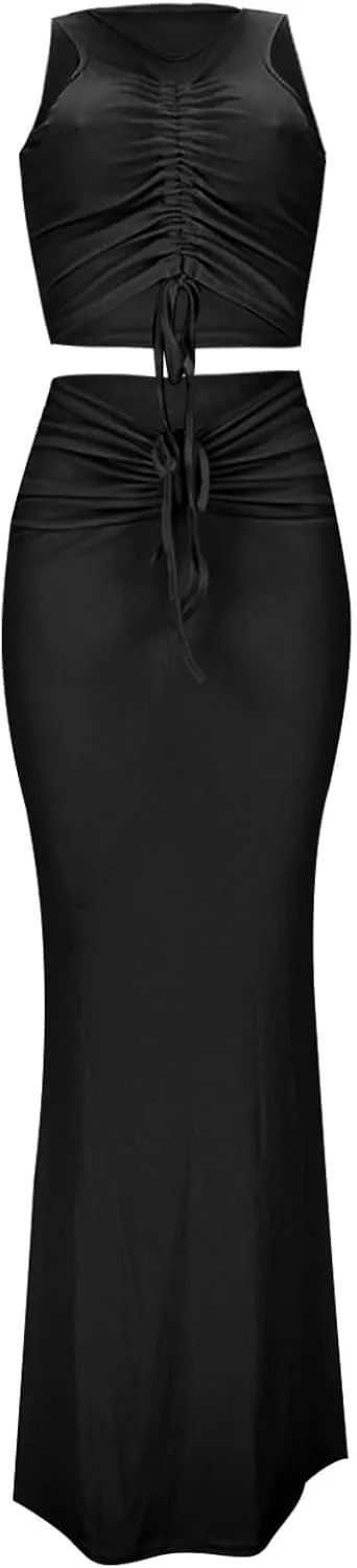 hlysgo Two Piece Outfits for Women Sexy Shirring Sleeveless Round Neck Crop Tops Drawstring Waist Maxi Skirt Lounge Set