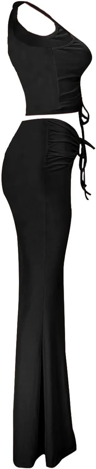 hlysgo Two Piece Outfits for Women Sexy Shirring Sleeveless Round Neck Crop Tops Drawstring Waist Maxi Skirt Lounge Set