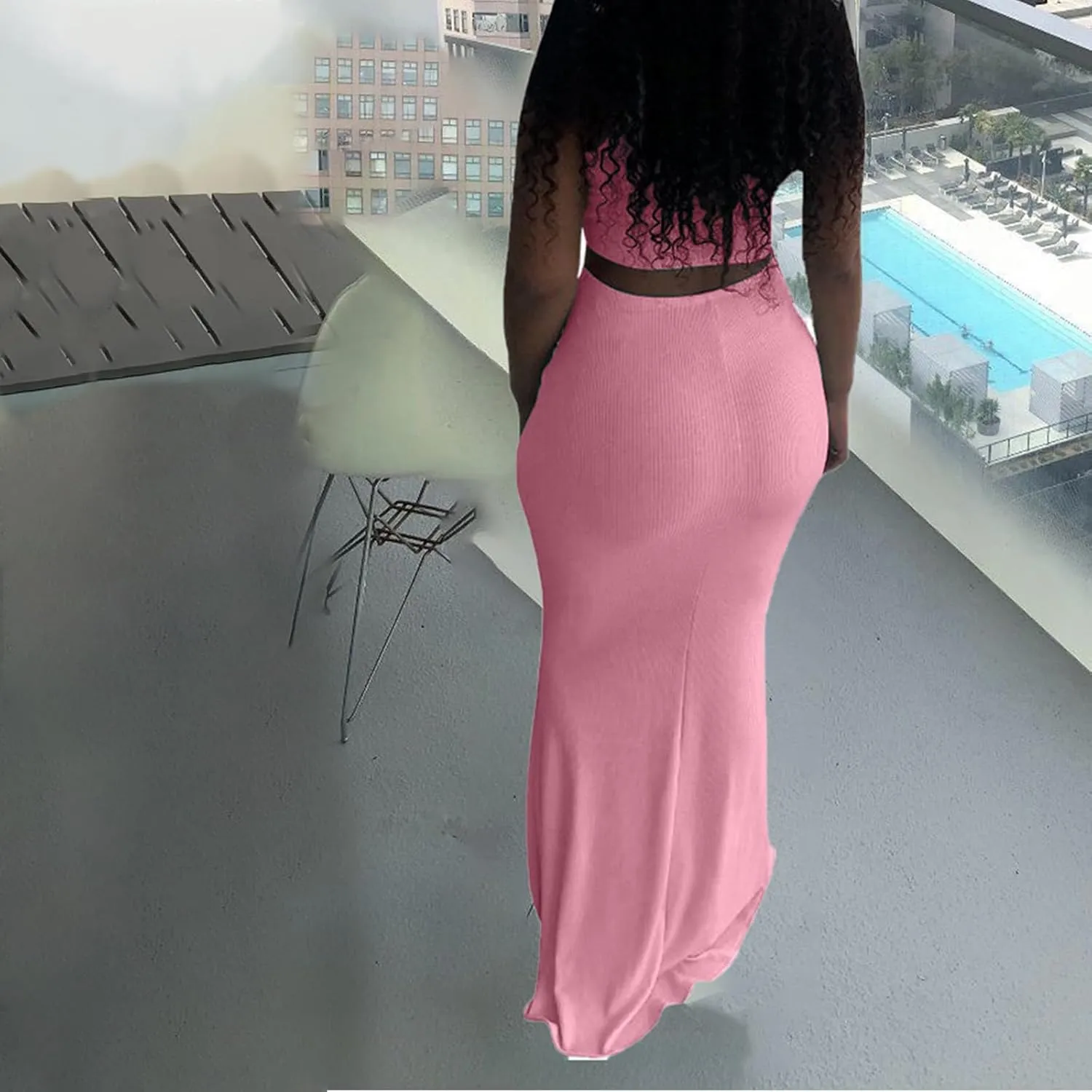 hlysgo Two Piece Outfits for Women Sexy Shirring Sleeveless Round Neck Crop Tops Drawstring Waist Maxi Skirt Lounge Set