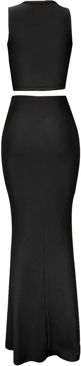 hlysgo Two Piece Outfits for Women Sexy Shirring Sleeveless Round Neck Crop Tops Drawstring Waist Maxi Skirt Lounge Set