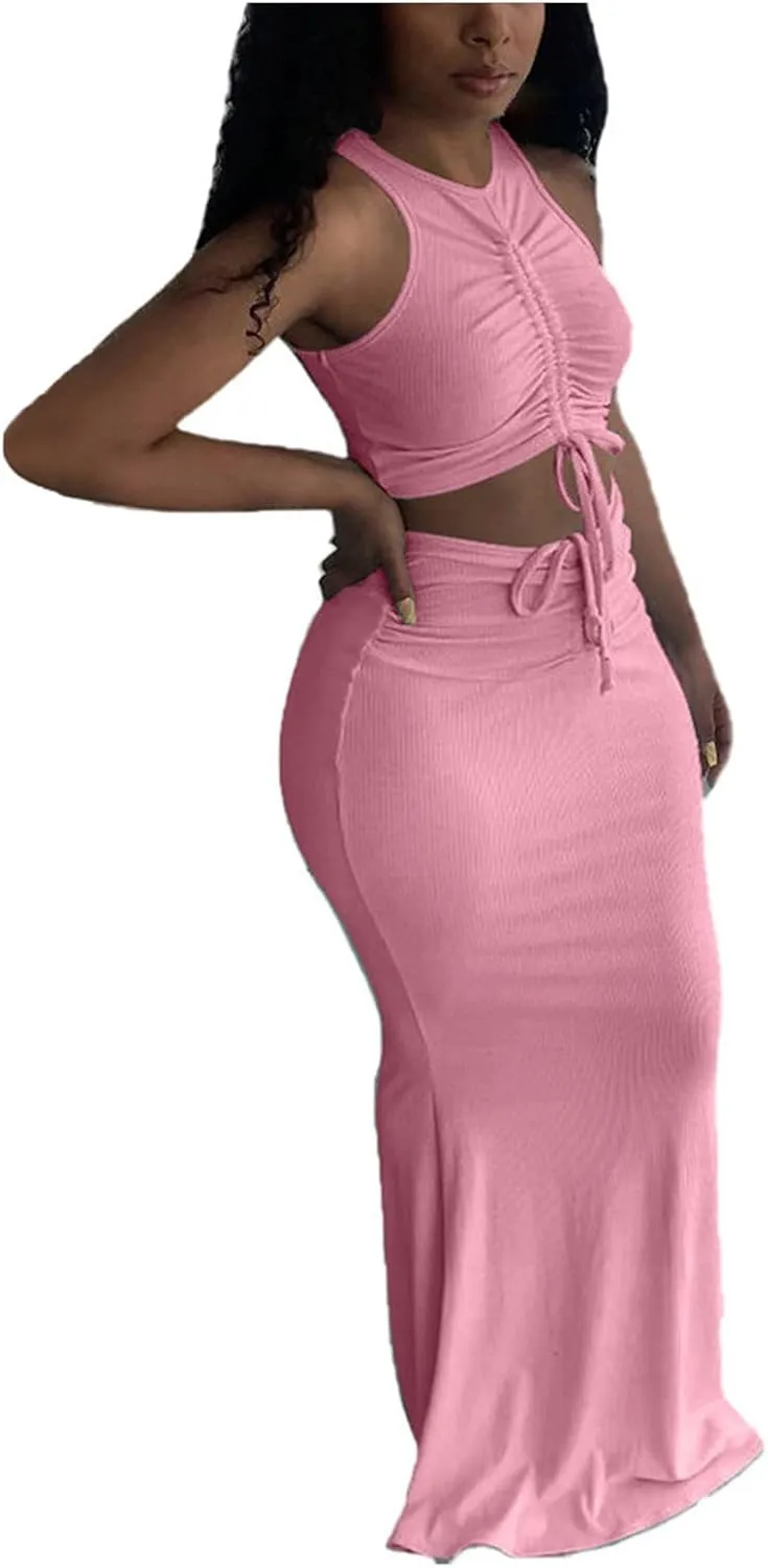 hlysgo Two Piece Outfits for Women Sexy Shirring Sleeveless Round Neck Crop Tops Drawstring Waist Maxi Skirt Lounge Set