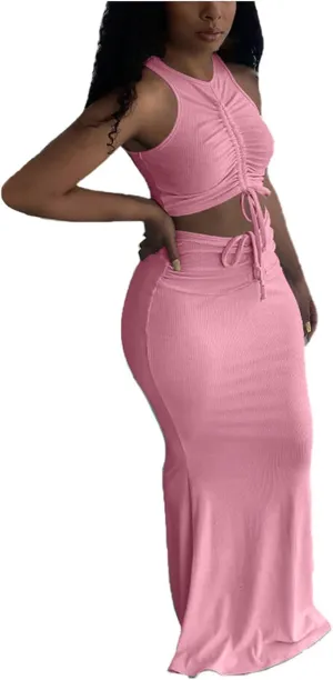 hlysgo Two Piece Outfits for Women Sexy Shirring Sleeveless Round Neck Crop Tops Drawstring Waist Maxi Skirt Lounge Set