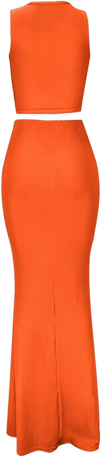 hlysgo Two Piece Outfits for Women Sexy Shirring Sleeveless Round Neck Crop Tops Drawstring Waist Maxi Skirt Lounge Set