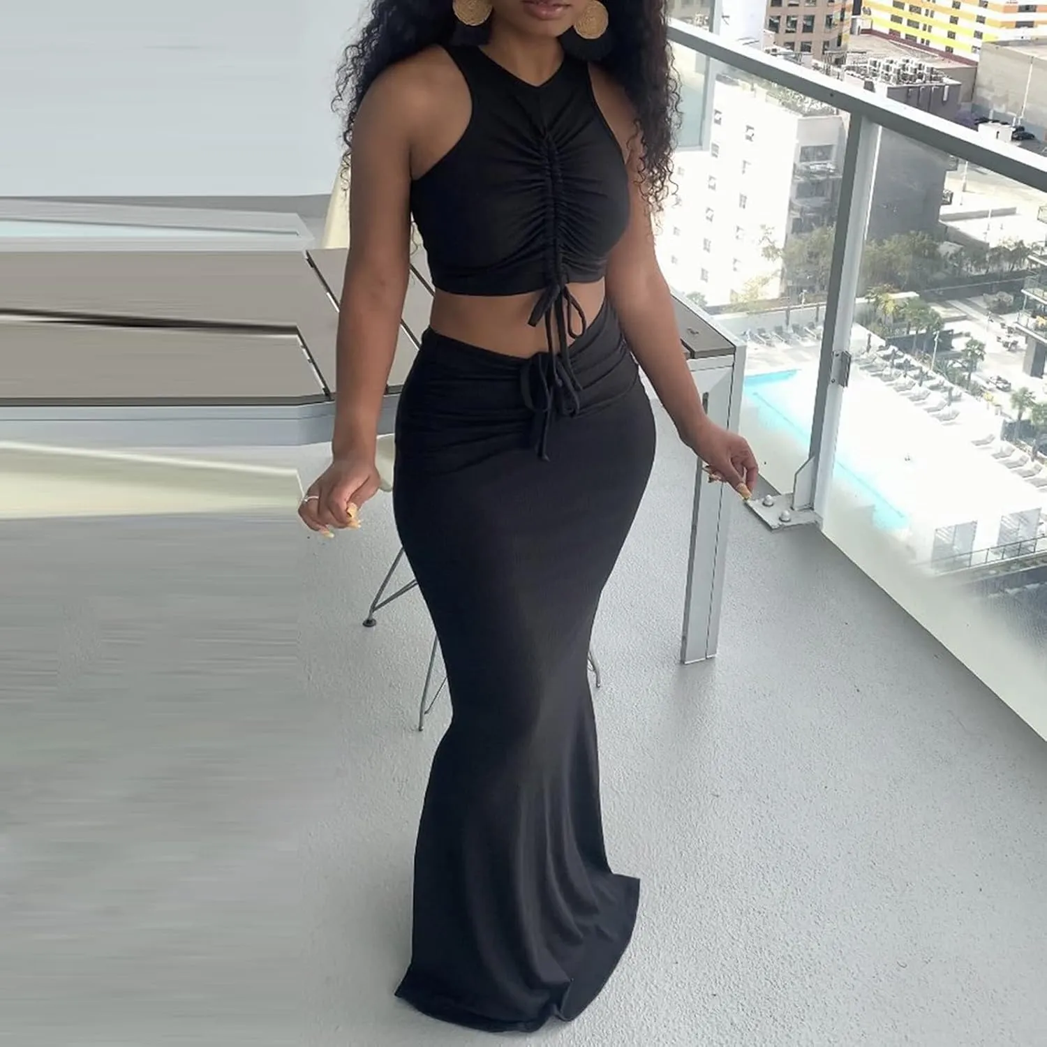 hlysgo Two Piece Outfits for Women Sexy Shirring Sleeveless Round Neck Crop Tops Drawstring Waist Maxi Skirt Lounge Set