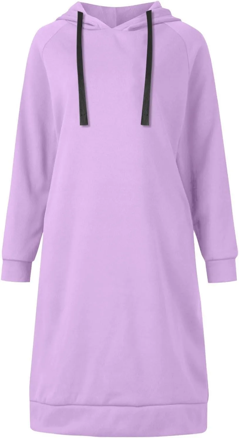 Hoodie Dress for Women Long Sleeve Warmy Oversized Hooded Dress Fleece Solid Color Long Sweatshirt with Pocket