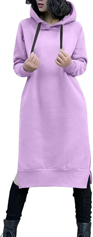 Hoodie Dress for Women Long Sleeve Warmy Oversized Hooded Dress Fleece Solid Color Long Sweatshirt with Pocket