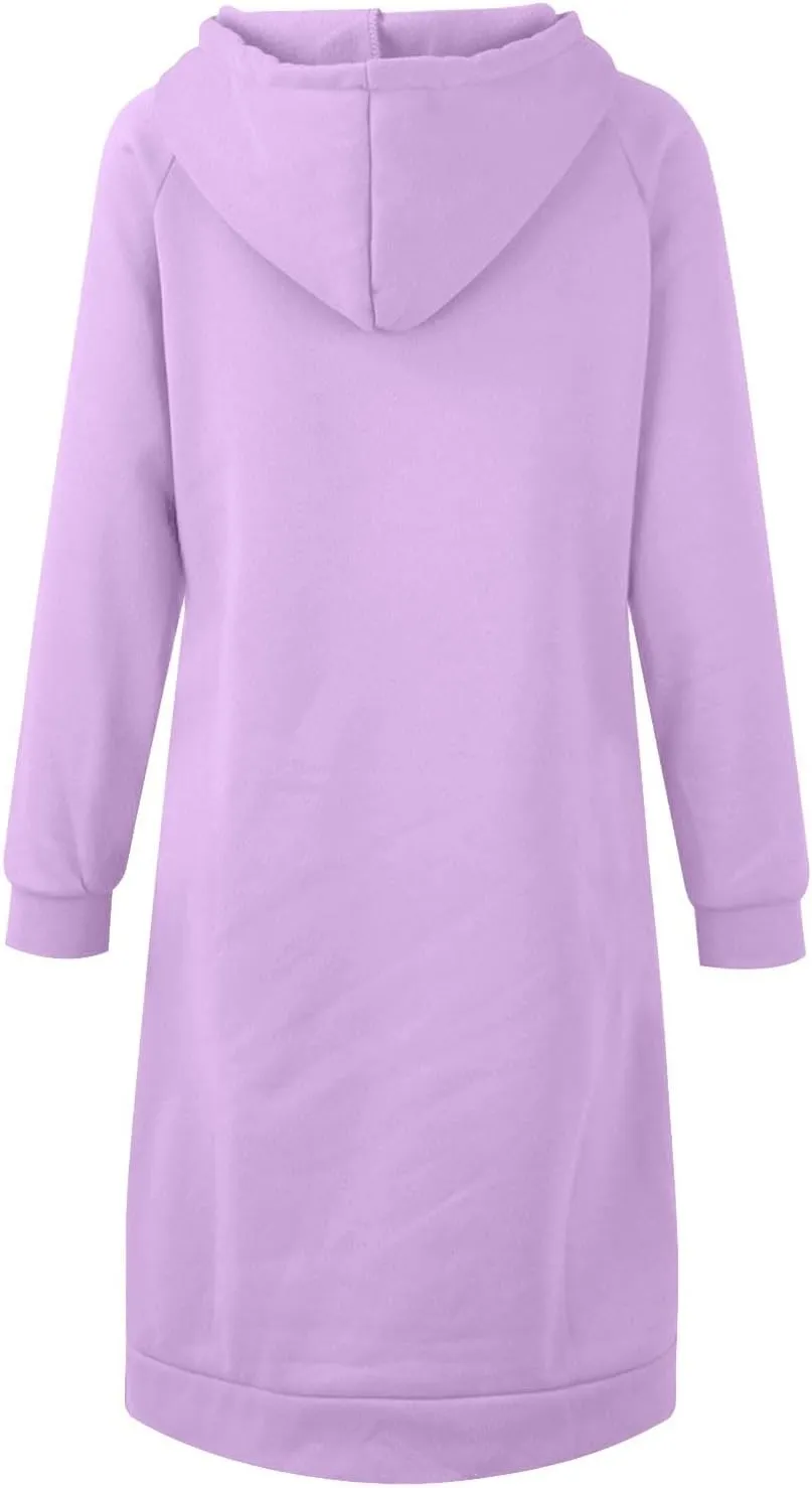 Hoodie Dress for Women Long Sleeve Warmy Oversized Hooded Dress Fleece Solid Color Long Sweatshirt with Pocket