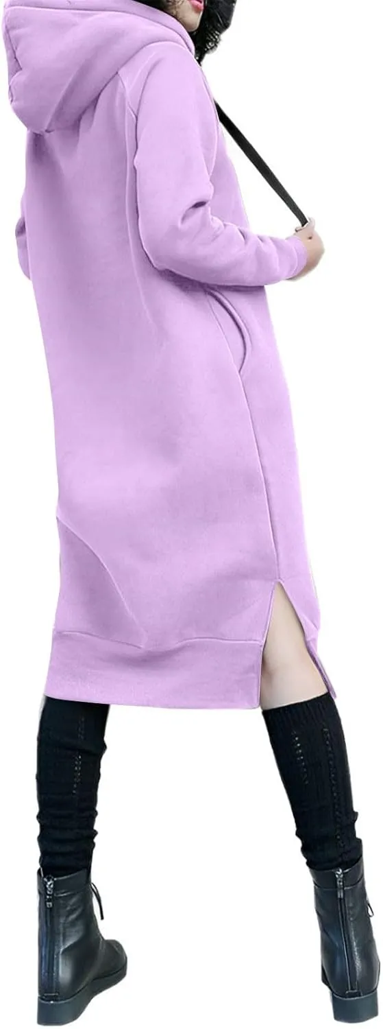 Hoodie Dress for Women Long Sleeve Warmy Oversized Hooded Dress Fleece Solid Color Long Sweatshirt with Pocket
