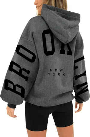 Hoodie Women Long Sleeve Sweatshirts New York U.S.A. Printed Hoodie Pocket Drop Shoulder Pullovers Top