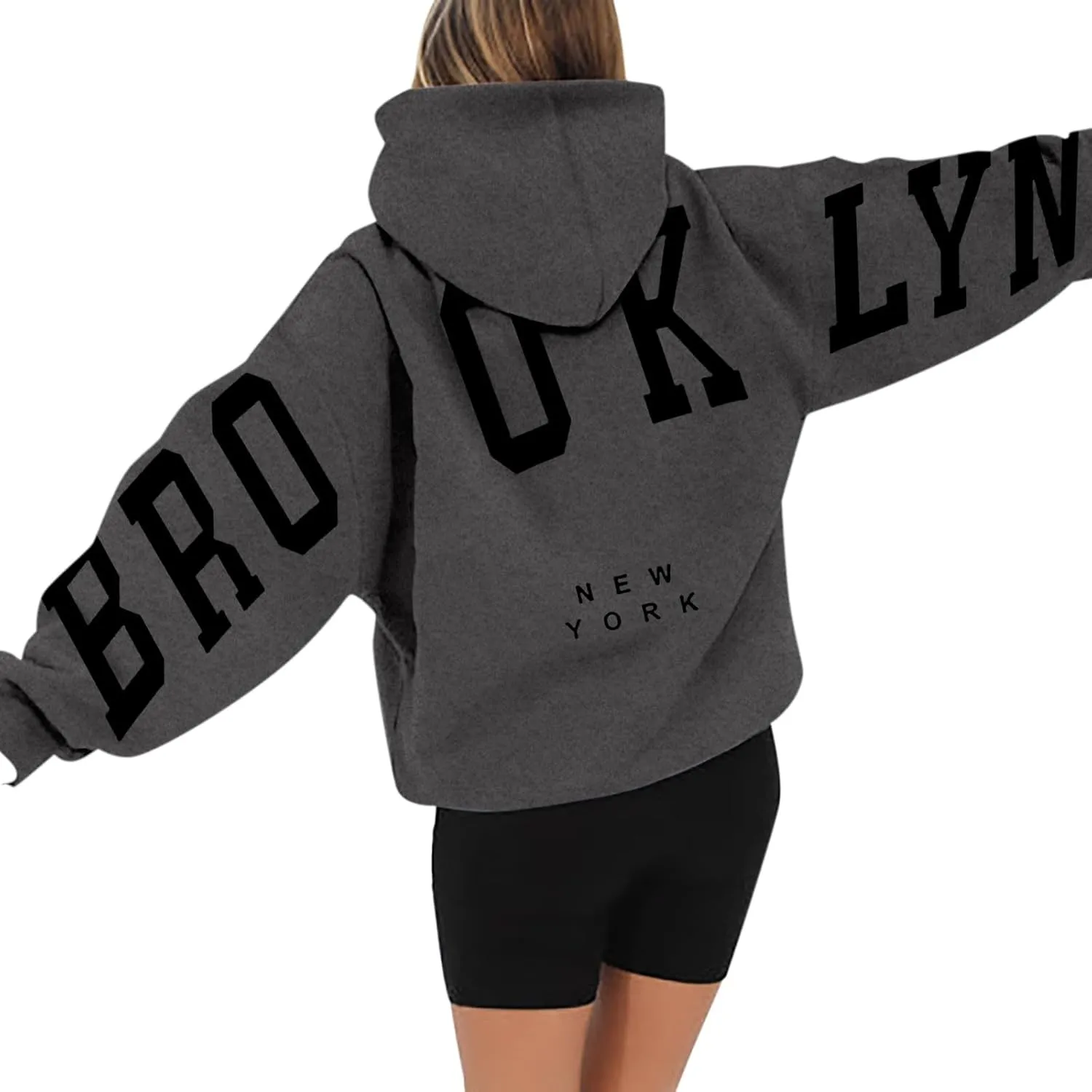 Hoodie Women Long Sleeve Sweatshirts New York U.S.A. Printed Hoodie Pocket Drop Shoulder Pullovers Top