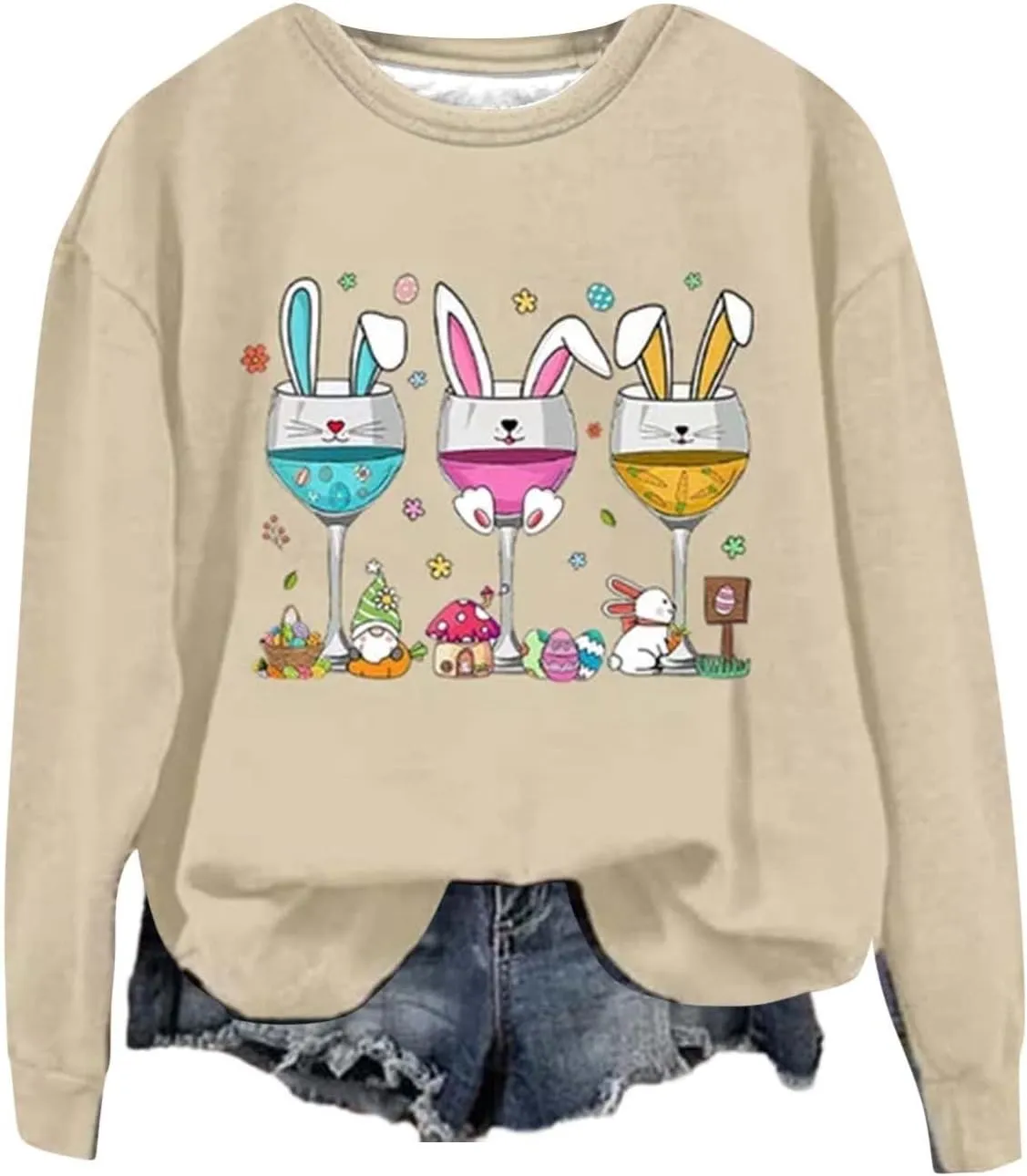 Hoodies For Women For Women Easter Eggs Graphic Loose Fit Crew Neck Sweat Shirts Festival Long Sleeve Tops with Pocket