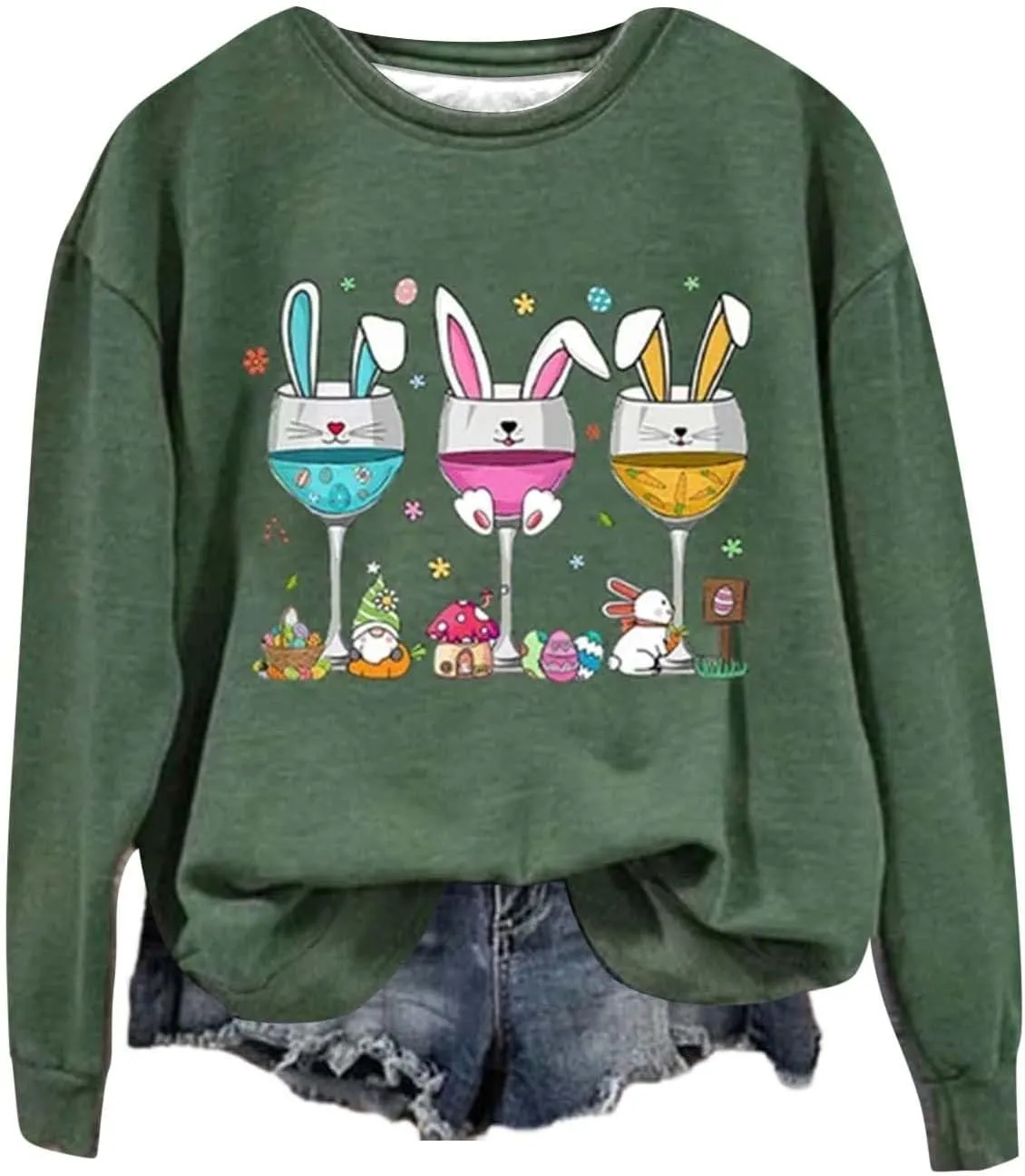 Hoodies For Women For Women Easter Eggs Graphic Loose Fit Crew Neck Sweat Shirts Festival Long Sleeve Tops with Pocket