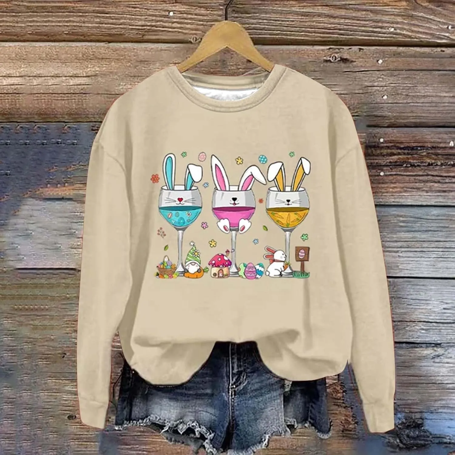 Hoodies For Women For Women Easter Eggs Graphic Loose Fit Crew Neck Sweat Shirts Festival Long Sleeve Tops with Pocket