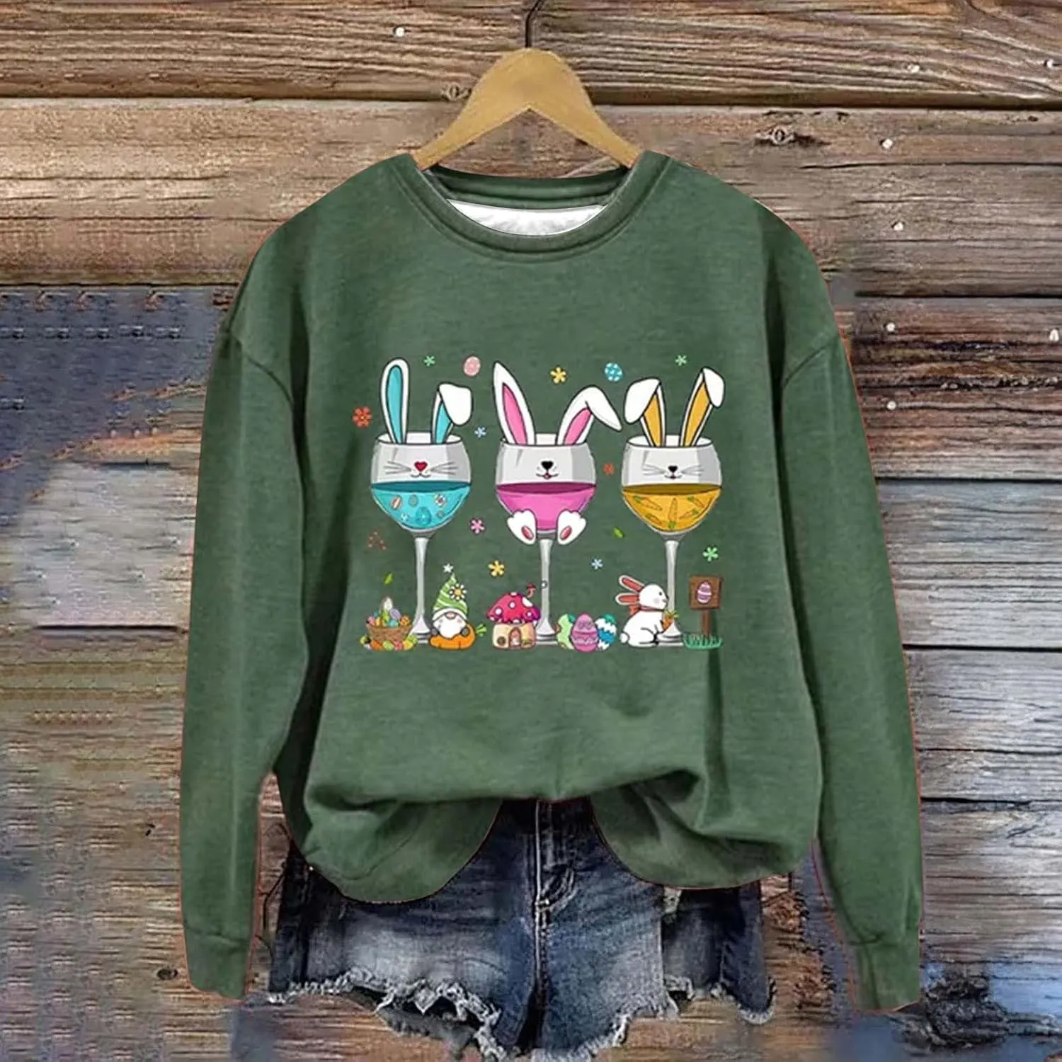 Hoodies For Women For Women Easter Eggs Graphic Loose Fit Crew Neck Sweat Shirts Festival Long Sleeve Tops with Pocket