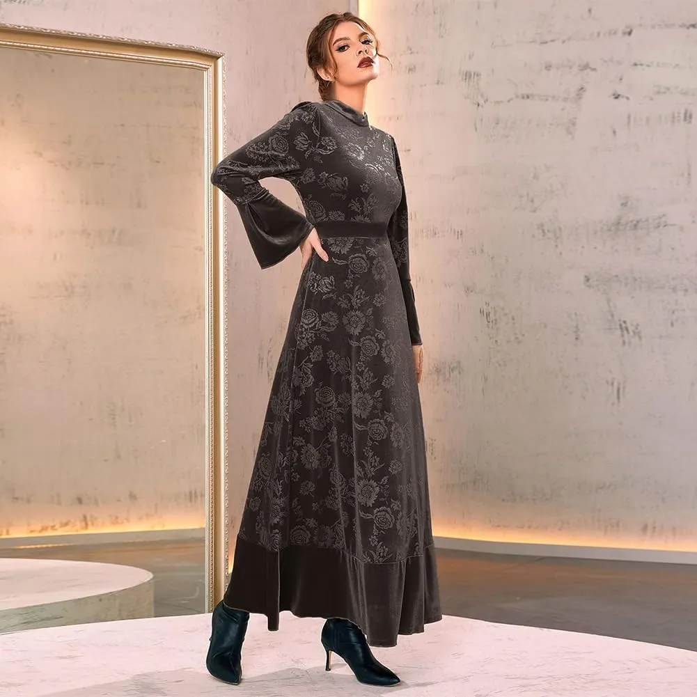 IDOPIP Women Long Bell Sleeve Floral Velvet Maxi Dress Fall Mock Neck Wedding Guest Dress Elegant Evening Cocktail Prom Gown