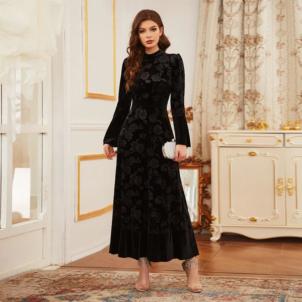 IDOPIP Women Long Bell Sleeve Floral Velvet Maxi Dress Fall Mock Neck Wedding Guest Dress Elegant Evening Cocktail Prom Gown