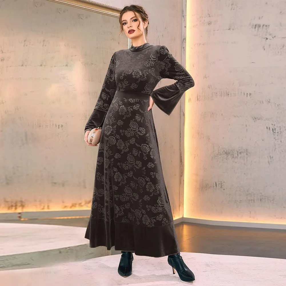 IDOPIP Women Long Bell Sleeve Floral Velvet Maxi Dress Fall Mock Neck Wedding Guest Dress Elegant Evening Cocktail Prom Gown